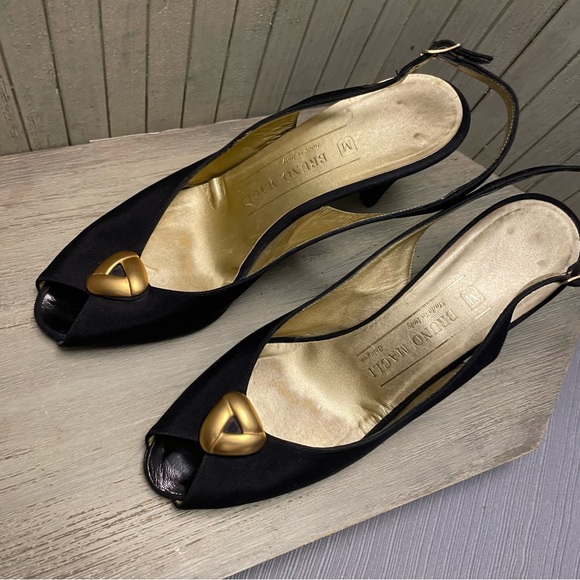 Bruno Magli Black Fabric with Gold Open Tor Slingback Heels Made in Italy 6.5B - Picture 5 of 13